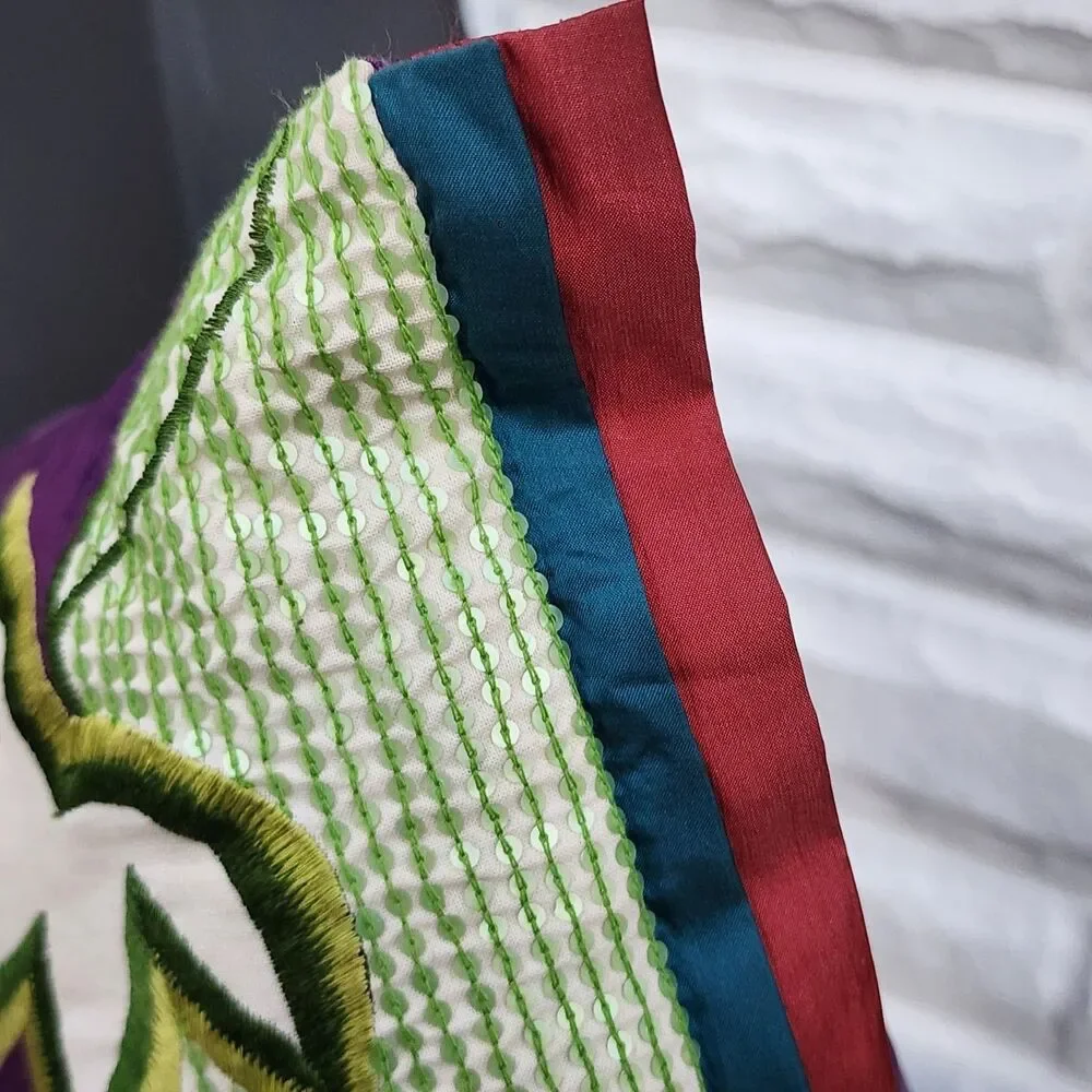 Pier 1 Boho Embroidered Silk Throw Pillow Purple Floral Patchwork Applique